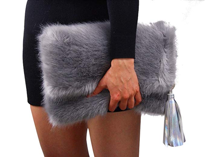 Flada Women's Luxury Faux Fox Fur Fold Clutches Purse Messenger Bag Tassel