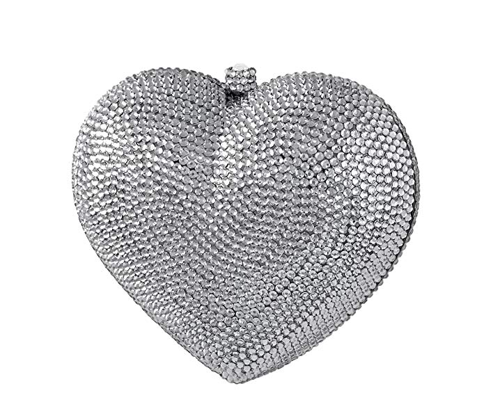 3D Heart Shaped Crystal Bridal Clutch Pave Special Occasion Evening Bag & Compact Mirror Silver