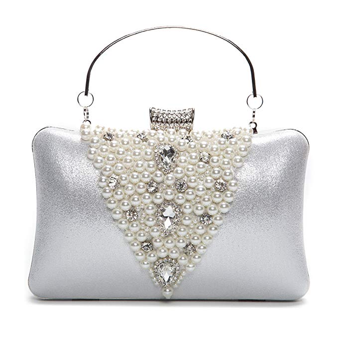 Chichitop Elegant Rhinestones Hard Clutch Pearl Evening Bag with Zip Compartments