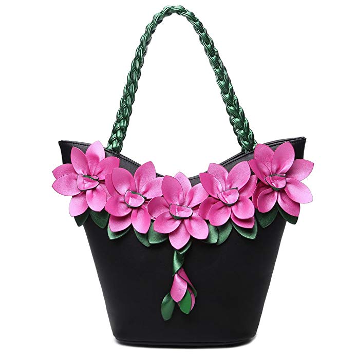 SUNROLAN Women's Shoulder Bag Handbag Tote Purse PU Leather Crossbody 3D Flower with Weave Handle Bags