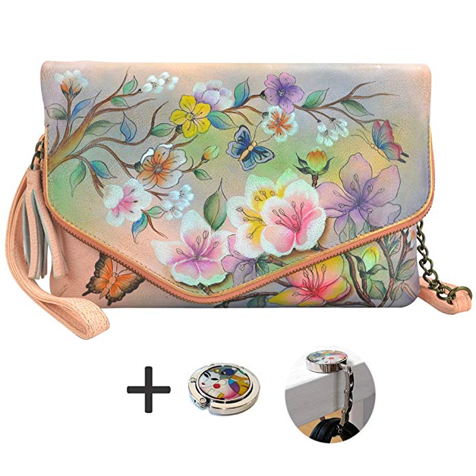 Anuschka Envelope Clutch Wristlet- Hand Painted Leather Handbag - Foldable Holder