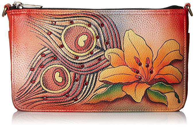 Anuschka Handpainted Leather Convertible Clutch Crystallized W/Swarovski Peacock Lily