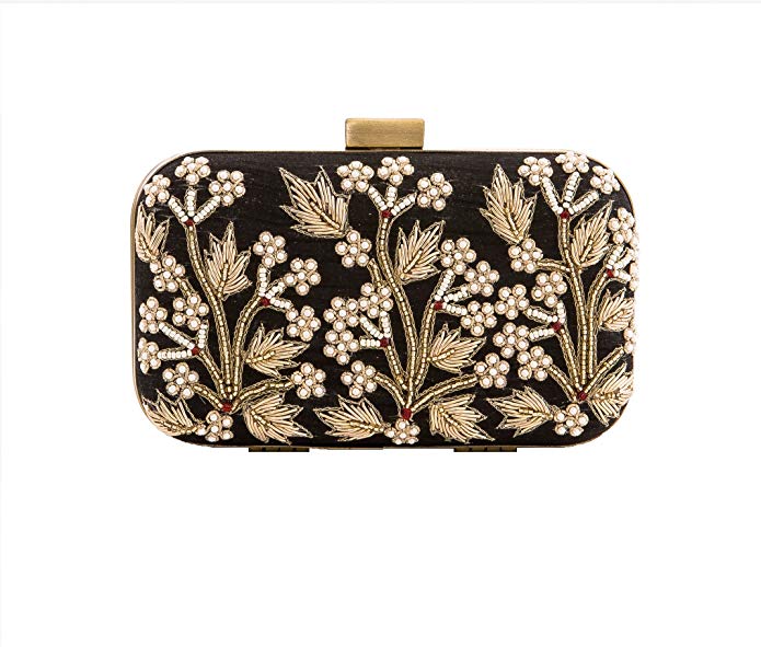 Floral Beaded Black Silk Clutch with Pearls